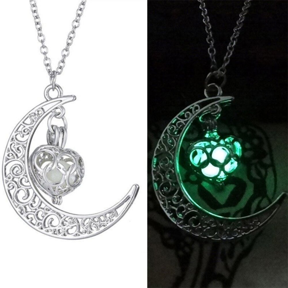 New Womens Silver Glow in The Dark Crescent Moon Necklace